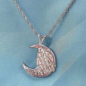 VTG Folksy 925 Woman in Moon Pendant Necklace